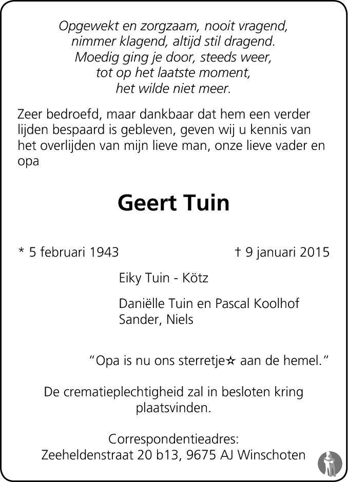 Geert Tuin 09012015 overlijdensbericht en condoleances Mensenlinq.nl