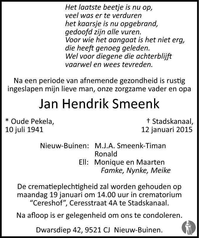 Jan Hendrik Smeenk 12-01-2015 Overlijdensbericht En Condoleances 