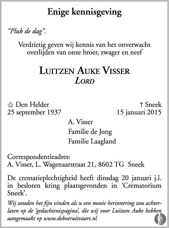 Luitzen Auke (Lord) Visser 15-01-2015 overlijdensbericht en ...