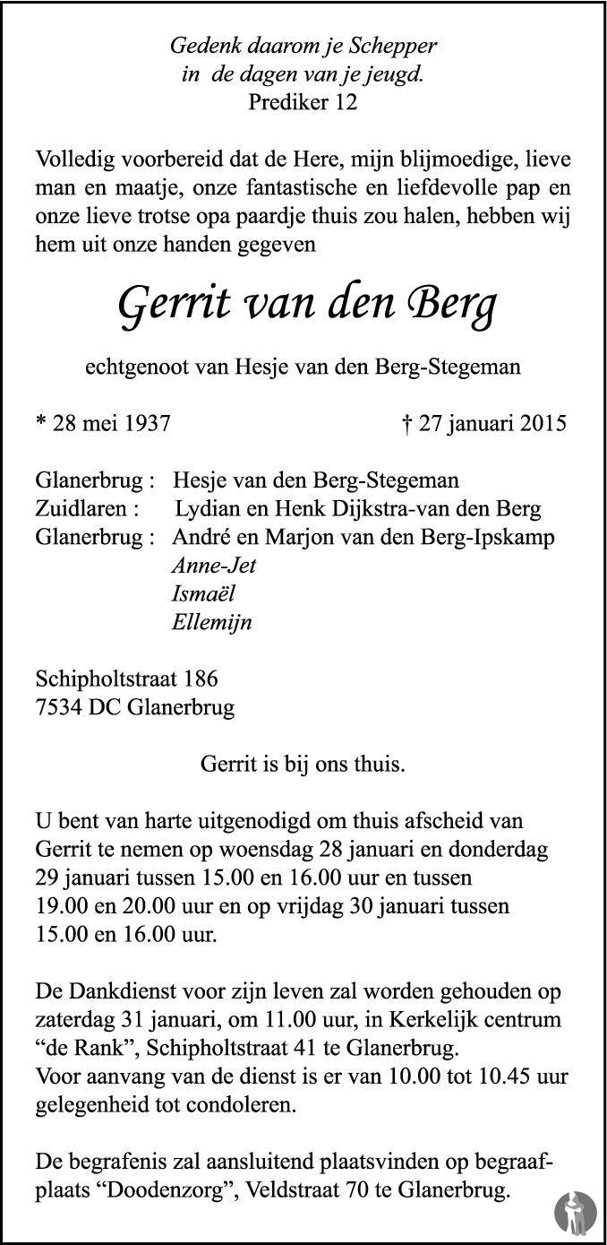 Gerrit van den Berg 27012015 overlijdensbericht