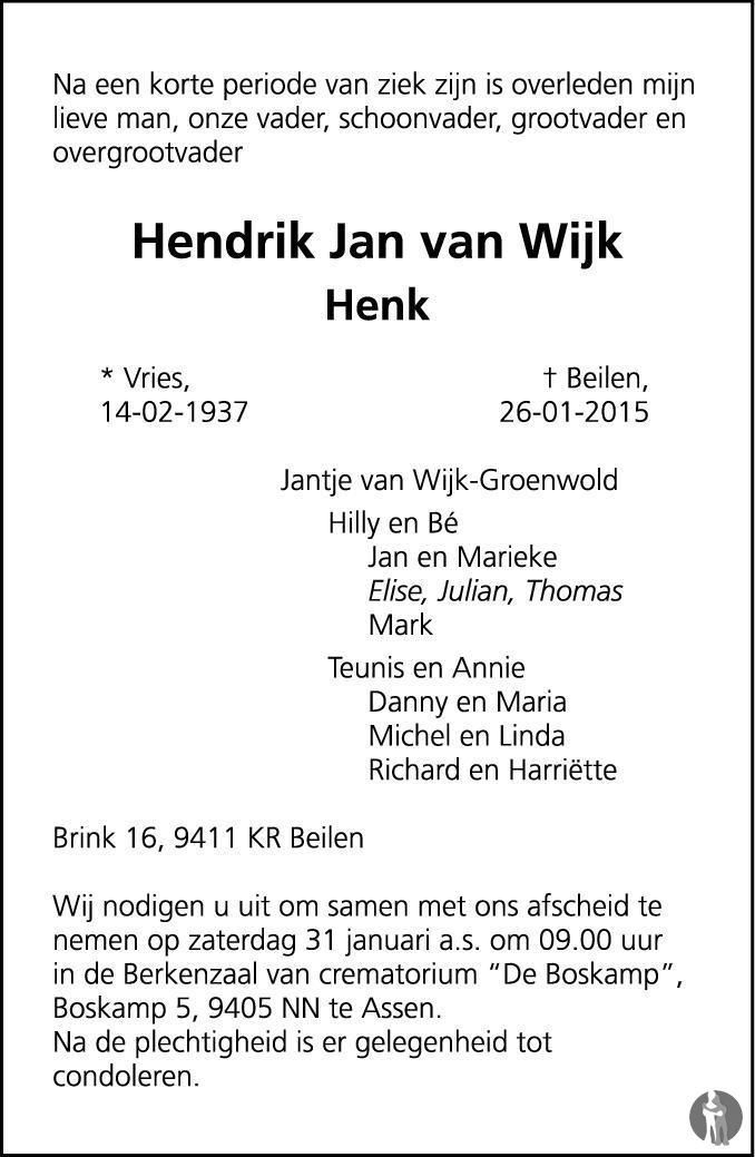 Hendrik Jan (Henk) van Wijk 26-01-2015 overlijdensbericht en ...