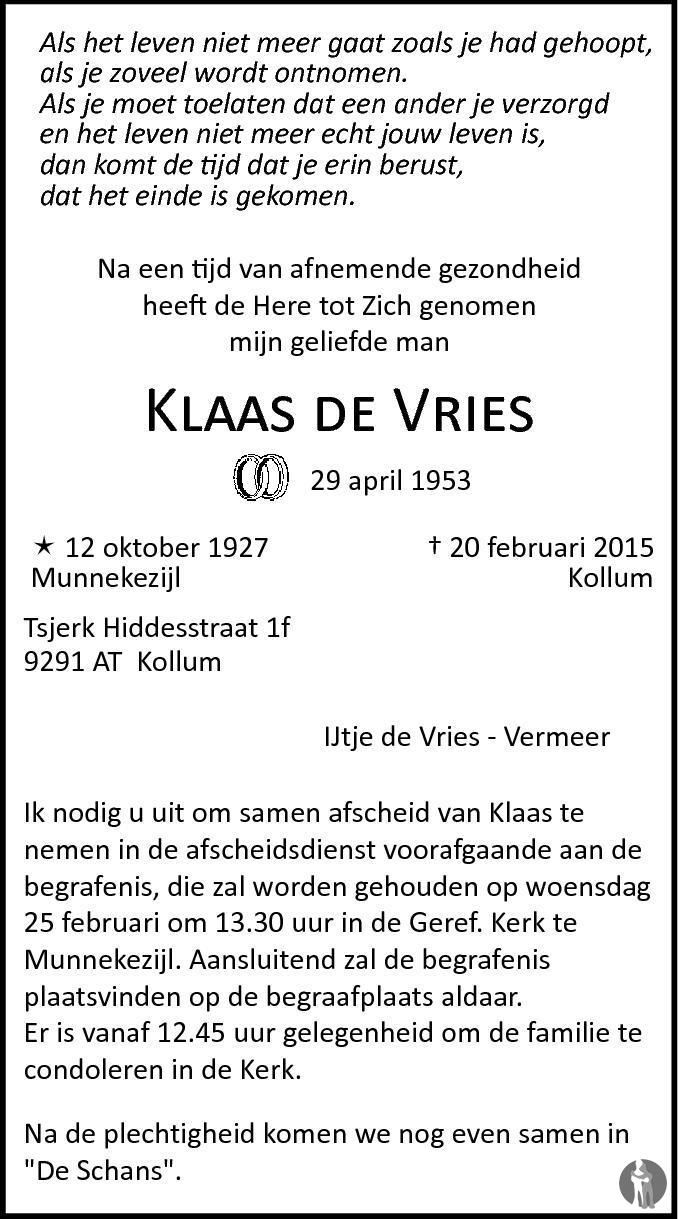 Klaas de Vries 20-02-2015 overlijdensbericht en condoleances ...