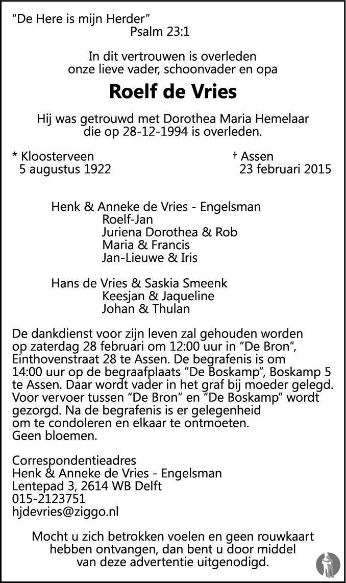 Roelf de Vries 23-02-2015 overlijdensbericht en condoleances ...
