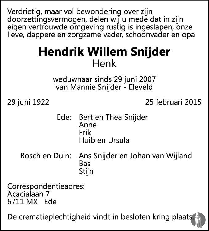 Vorming Vrijwillig zwaard Hendrik Willem (Henk) Snijder ✝ 25-02-2015 overlijdensbericht en  condoleances - Mensenlinq.nl