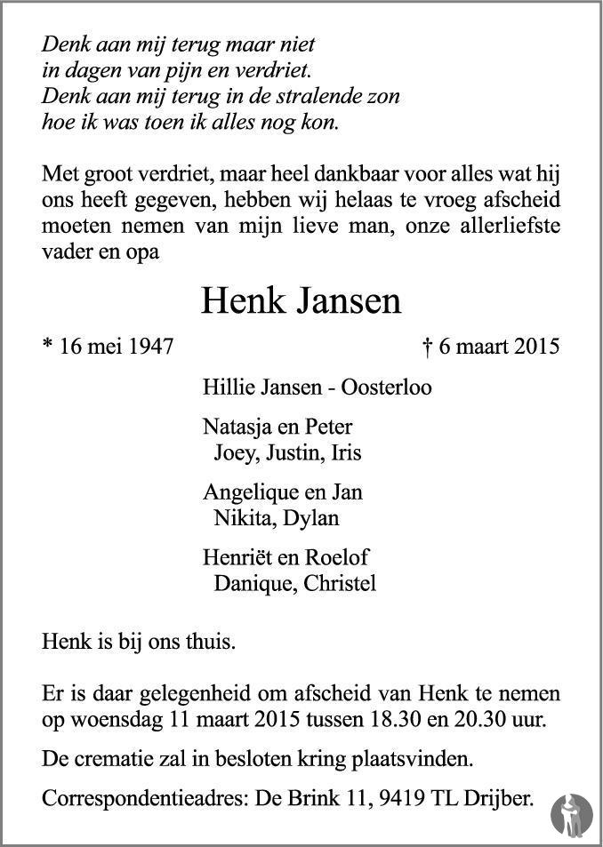 Henk Jansen 06-03-2015 overlijdensbericht en condoleances - Mensenlinq.nl