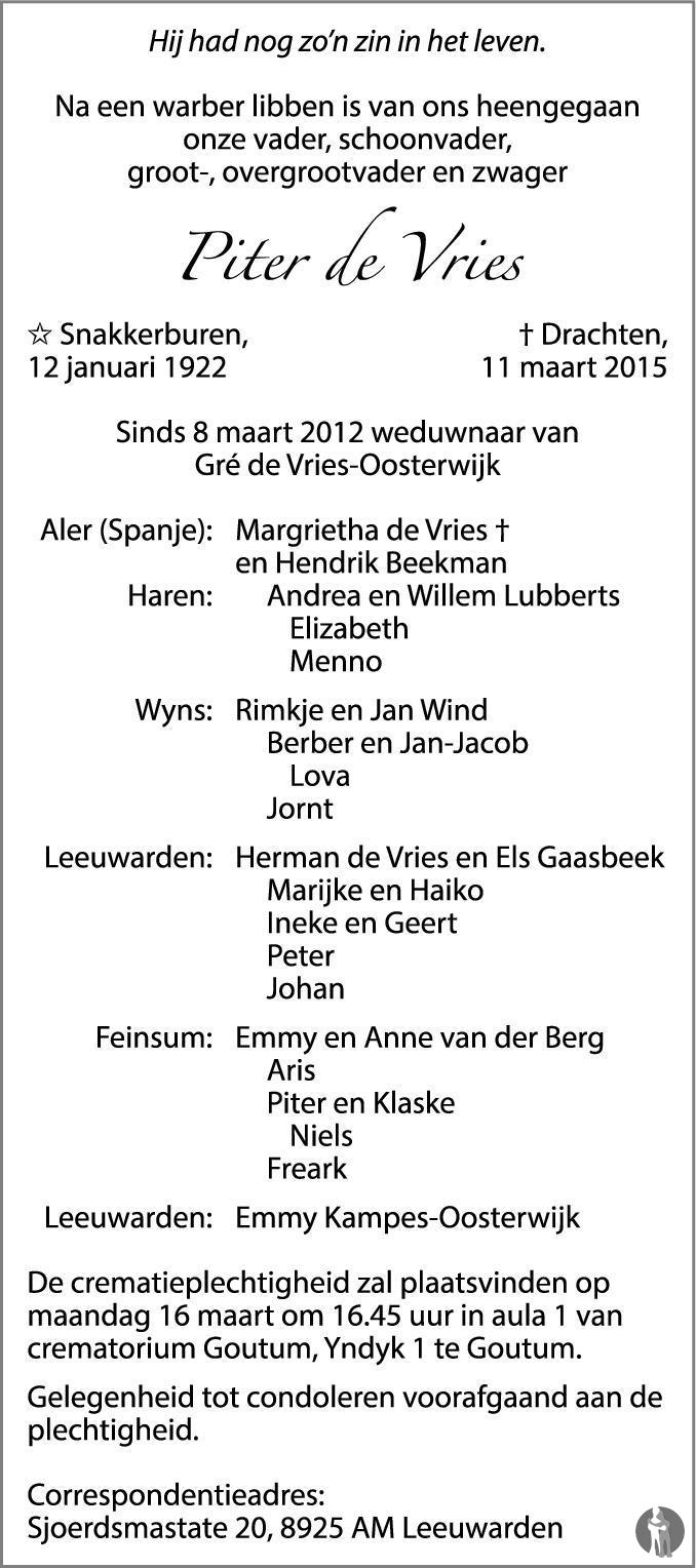 Piter de Vries 11032015 overlijdensbericht en condoleances