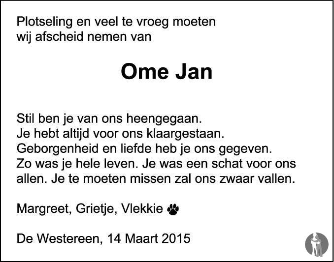 Jan van der Meulen 14-03-2015 overlijdensbericht en condoleances