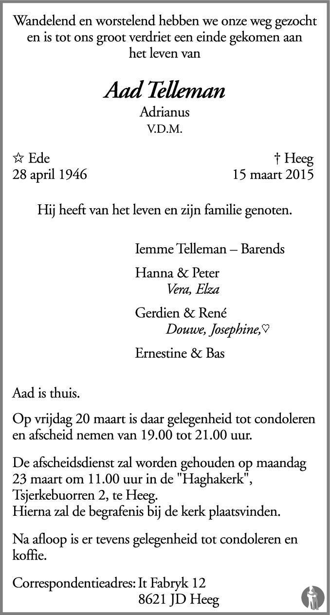 Adrianus (Aad) Telleman 15032015 overlijdensbericht en