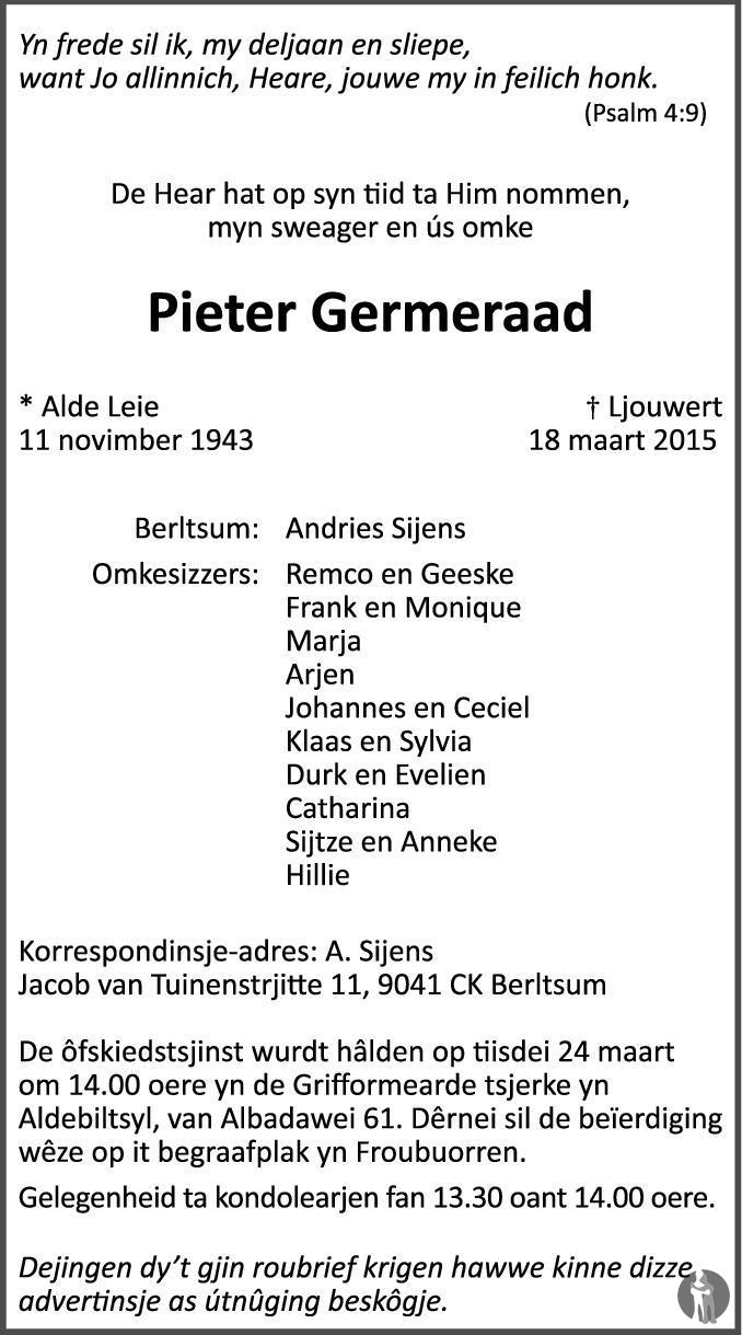 Pieter Germeraad 18032015 overlijdensbericht en condoleances