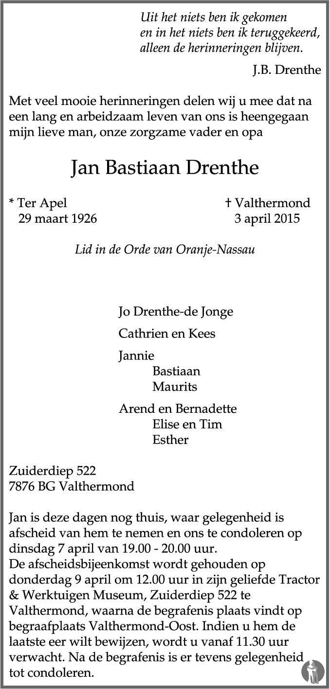 Jan Bastiaan Drenthe 03042015 overlijdensbericht en condoleances Mensenlinq.nl