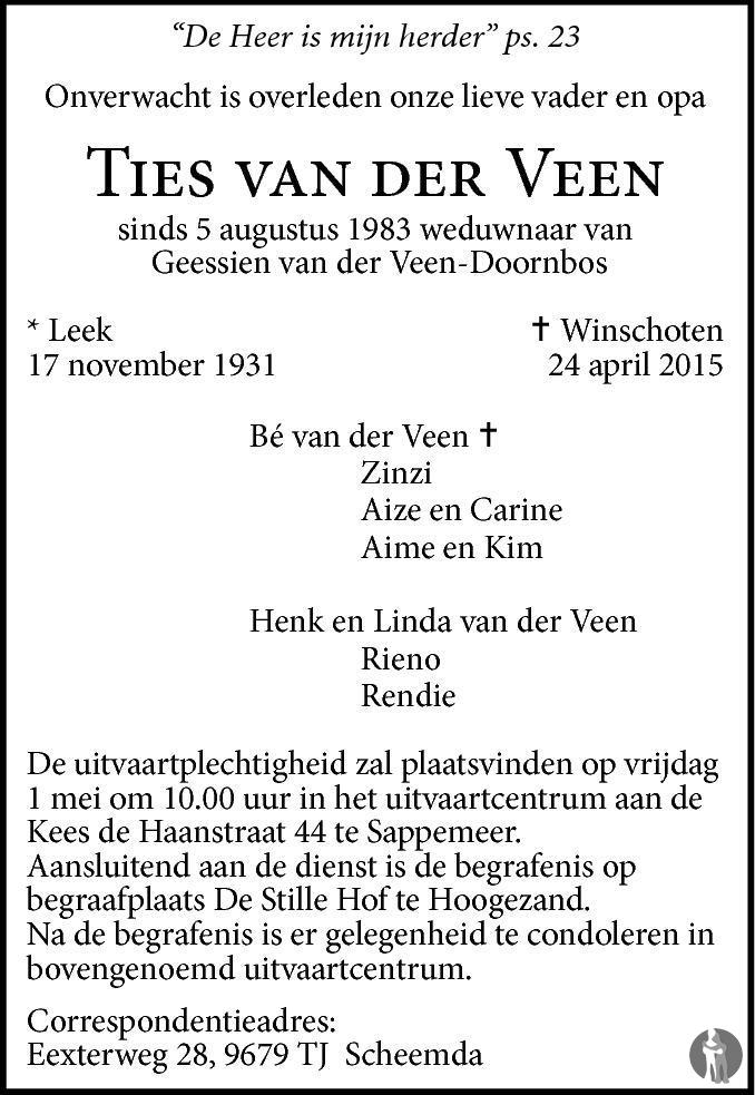 Ties Van Der Veen 24 04 2015 Overlijdensbericht En Condoleances