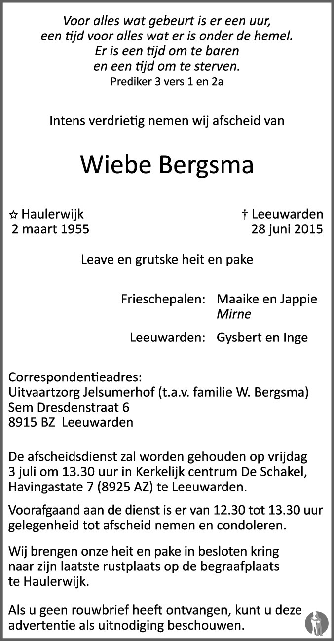 Overlijdensbericht van Wiebe Bergsma in Leeuwarder Courant