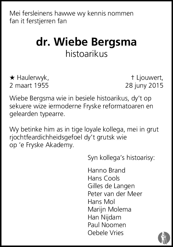 Overlijdensbericht van Wiebe Bergsma in Friesch Dagblad