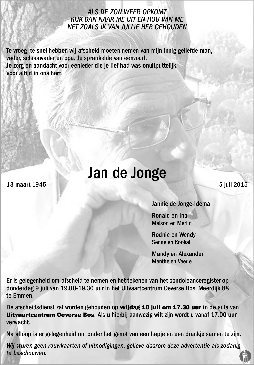 Jan de Jonge 05072015 overlijdensbericht en