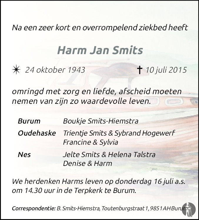 Harm Jan Smits 10072015 overlijdensbericht en condoleances