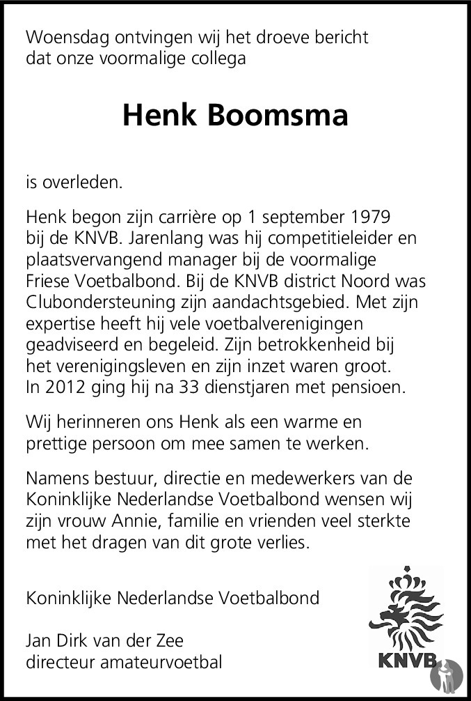 Overlijdensbericht van Henk  Boomsma in Friesch Dagblad