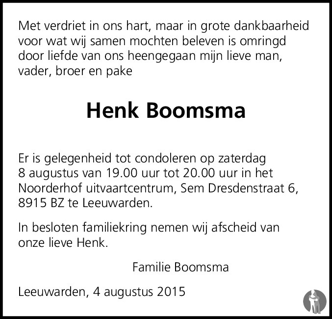 Overlijdensbericht van Henk  Boomsma in Leeuwarder Courant