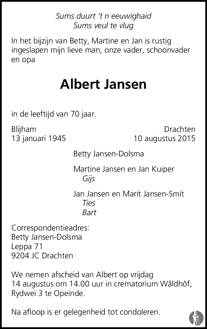 Albert Jansen 10082015 overlijdensbericht en condoleances Mensenlinq.nl