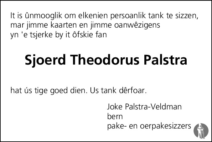 Overlijdensbericht van Sjoerd Theodorus Palstra in Leeuwarder Courant