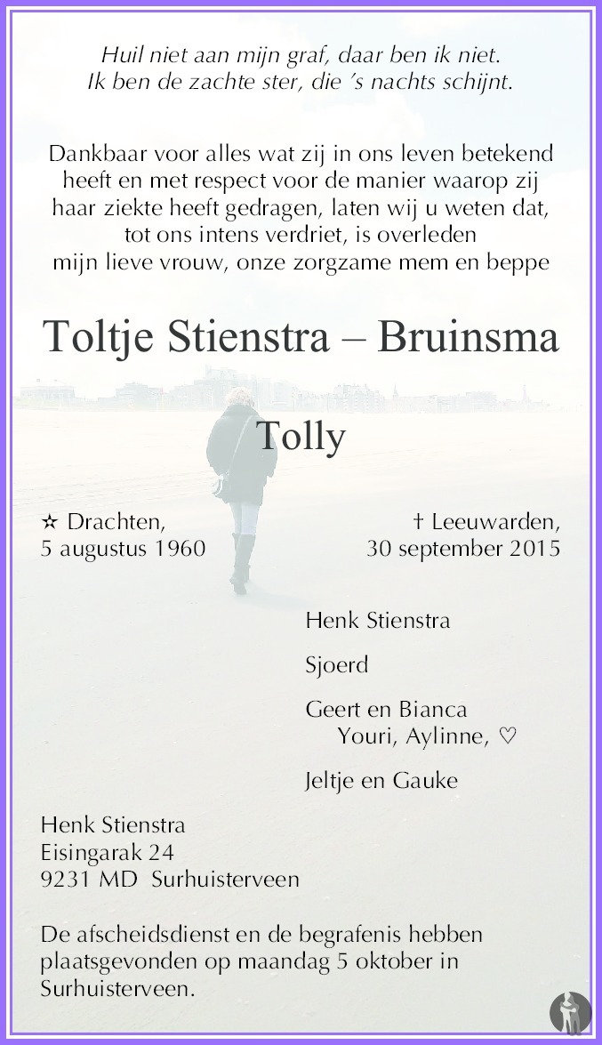 Toltje (Tolly) Stienstra - Bruinsma ✝ 30-09-2015 overlijdensbericht en  condoleances - Mensenlinq.nl