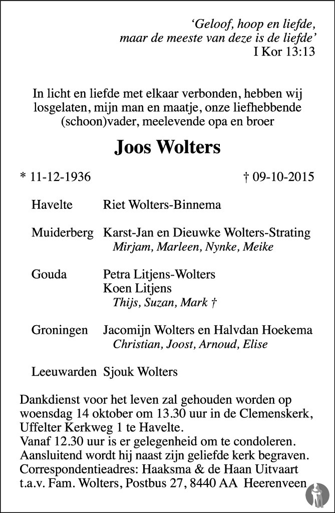 Joos Wolters 09-10-2015 overlijdensbericht en condoleances - Mensenlinq.nl