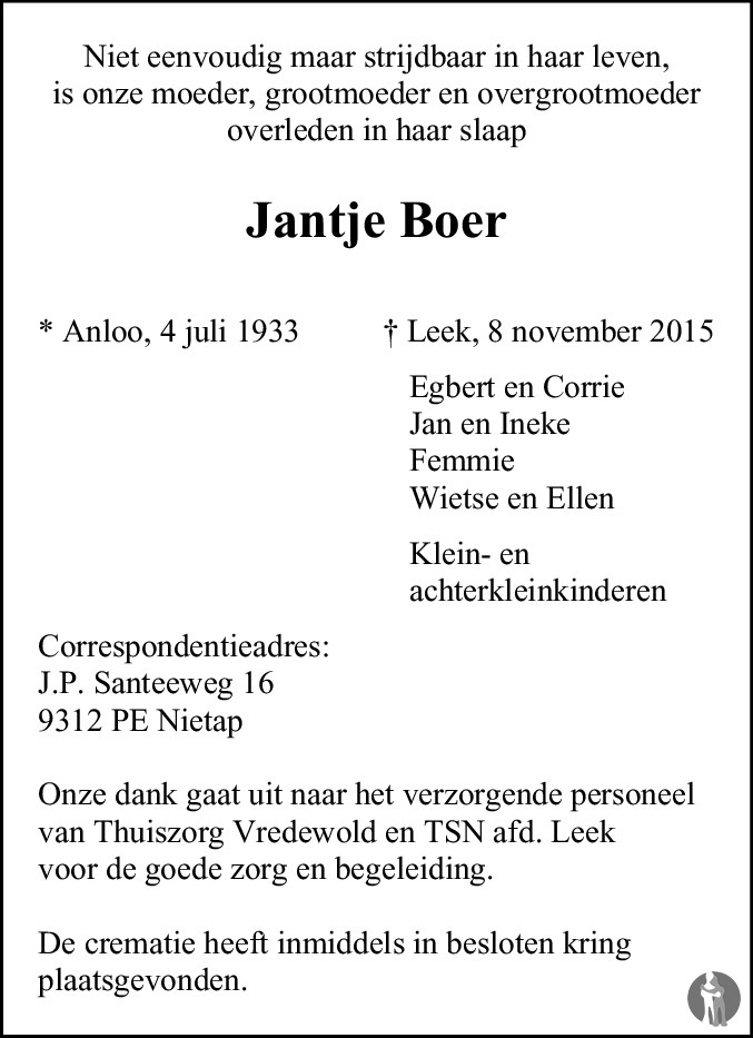 Jantje Boer 08-11-2015 overlijdensbericht en condoleances - Mensenlinq.nl