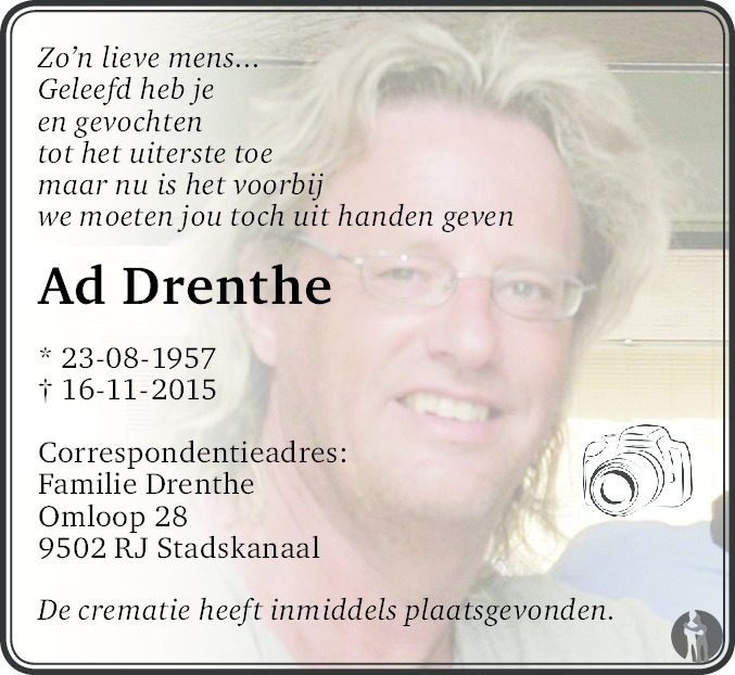 Ad Drenthe 16112015 overlijdensbericht en condoleances Mensenlinq.nl