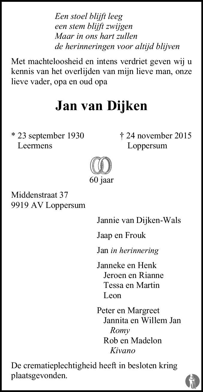 Jan van Dijken 24-11-2015 overlijdensbericht en condoleances ...