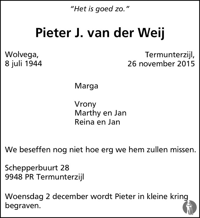 Overlijdensbericht van Pieter J. van der Weij in Eemsbode/Noorderkrant