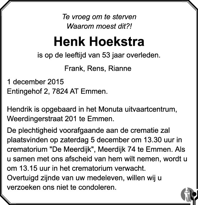 Henk Hoekstra 01122015 overlijdensbericht en condoleances Mensenlinq.nl