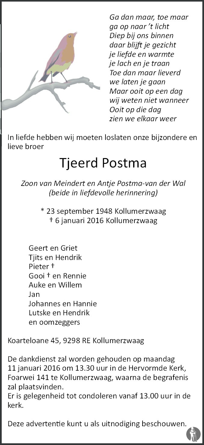 Tjeerd Postma ✝ 06-01-2016 overlijdensbericht en condoleances -  Mensenlinq.nl