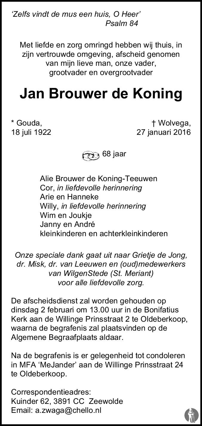 Jan Brouwer De Koning 27-01-2016 Overlijdensbericht En Condoleances ...