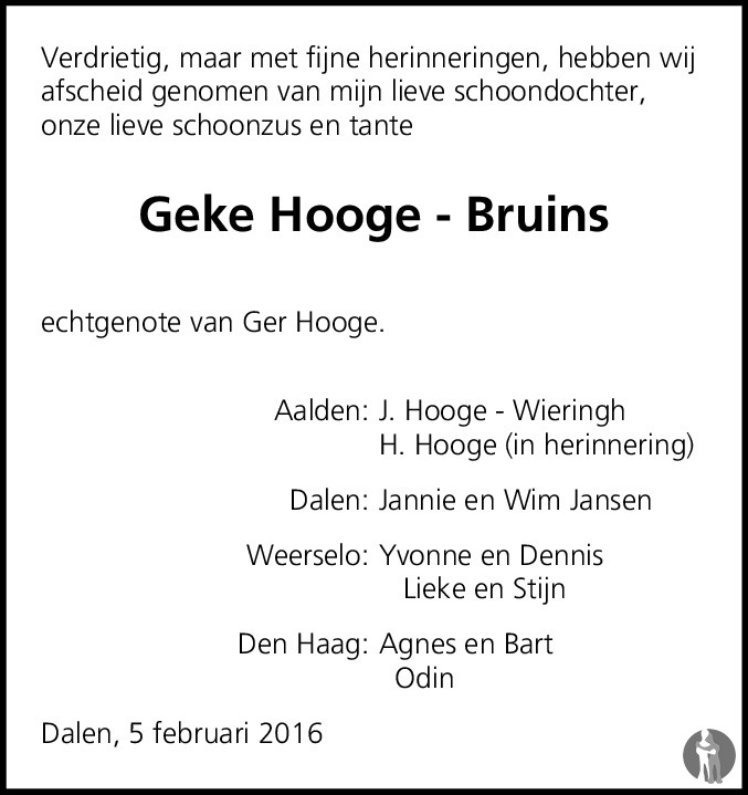 Overlijdensbericht van Geke  Hooge - Bruins in Dagblad van het Noorden