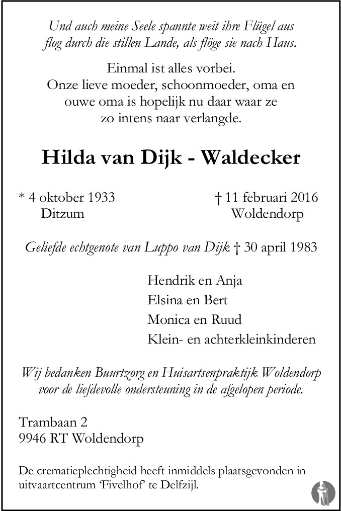 Hilda van Dijk Waldecker 11022016 overlijdensbericht en