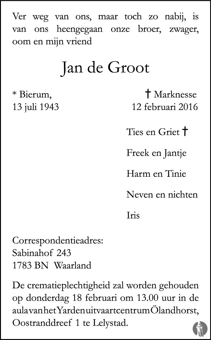Jan de Groot 12022016 overlijdensbericht en condoleances Mensenlinq.nl Jan de Groot 12022016 overlijdensbericht en condoleances Mensenlinq.nl