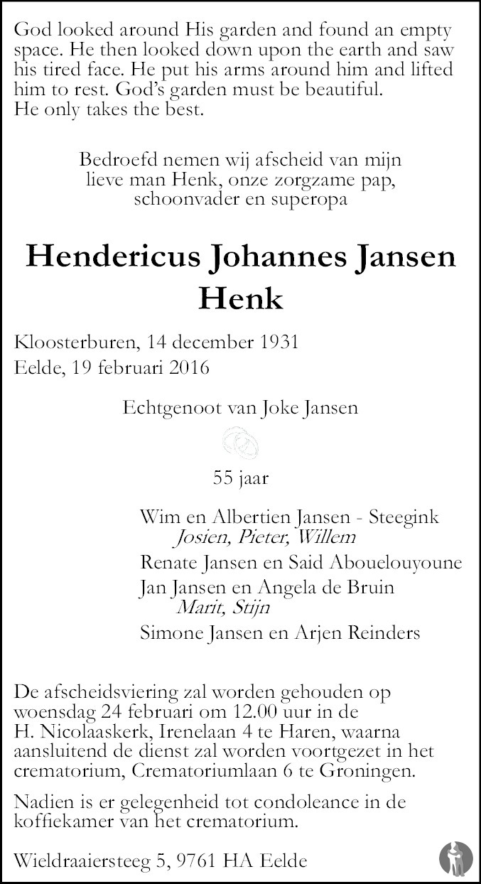 Hendericus Johannes (Henk) Jansen 19-02-2016 overlijdensbericht en ...