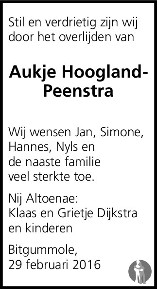 Overlijdensbericht van Aukje Aaltje Hoogland - Peenstra in Leeuwarder Courant