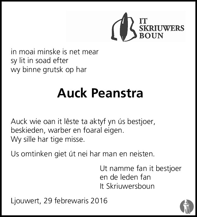 Overlijdensbericht van Aukje Aaltje Hoogland - Peenstra in Leeuwarder Courant