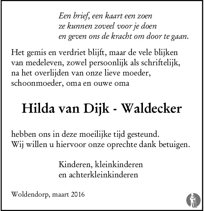 Hilda van Dijk Waldecker 11022016 overlijdensbericht en