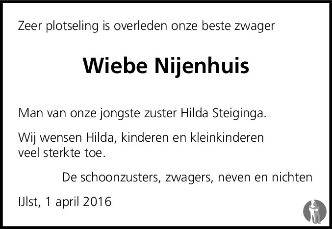 Overlijdensbericht van Wiebe Nijenhuis in Leeuwarder Courant