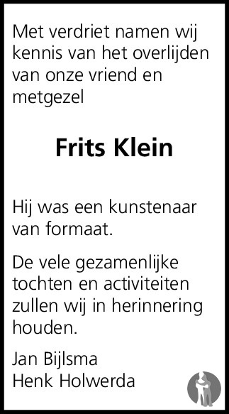 Overlijdensbericht van Christiaan Frederik (Frits) Klein in Leeuwarder Courant