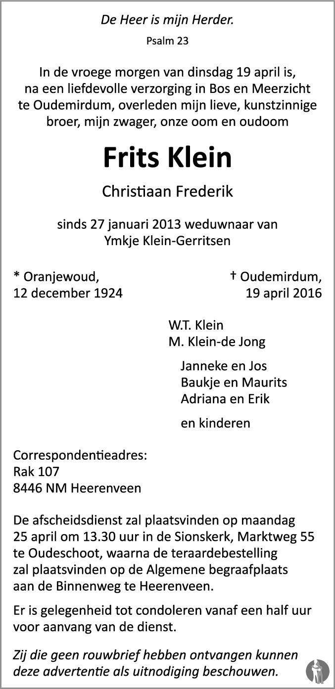 Overlijdensbericht van Christiaan Frederik (Frits) Klein in Leeuwarder Courant