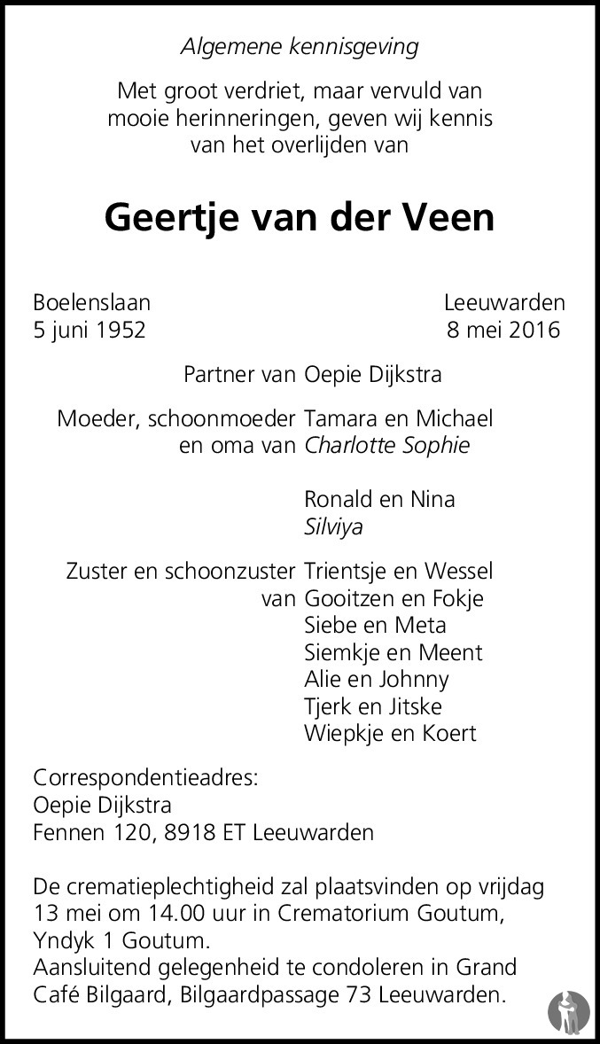 Geertje van der Veen 08052016 overlijdensbericht en condoleances Mensenlinq.nl