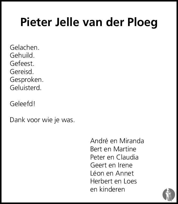 Overlijdensbericht van  Pieter Jelle van der Ploeg in Dagblad van het Noorden