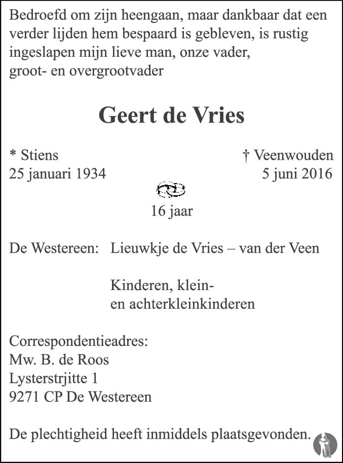 Geert de Vries 05-06-2016 overlijdensbericht en condoleances ...