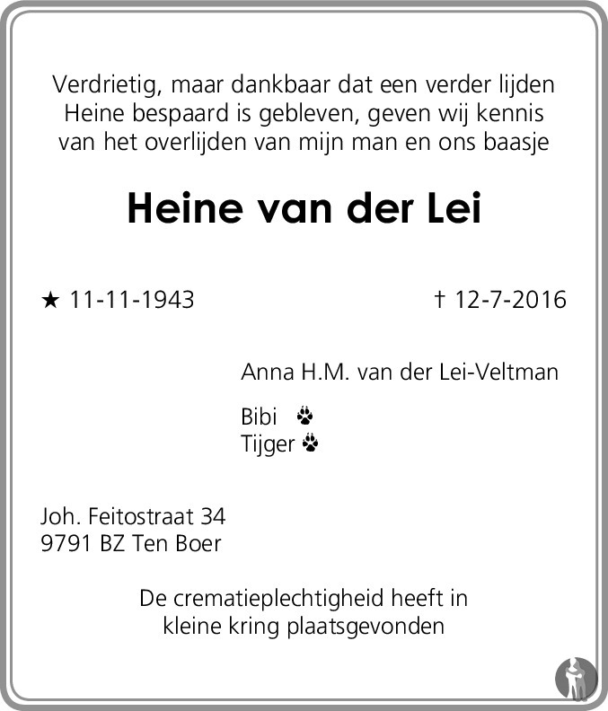 Heine Lei ✝ 12-07-2016 overlijdensbericht en condoleances -