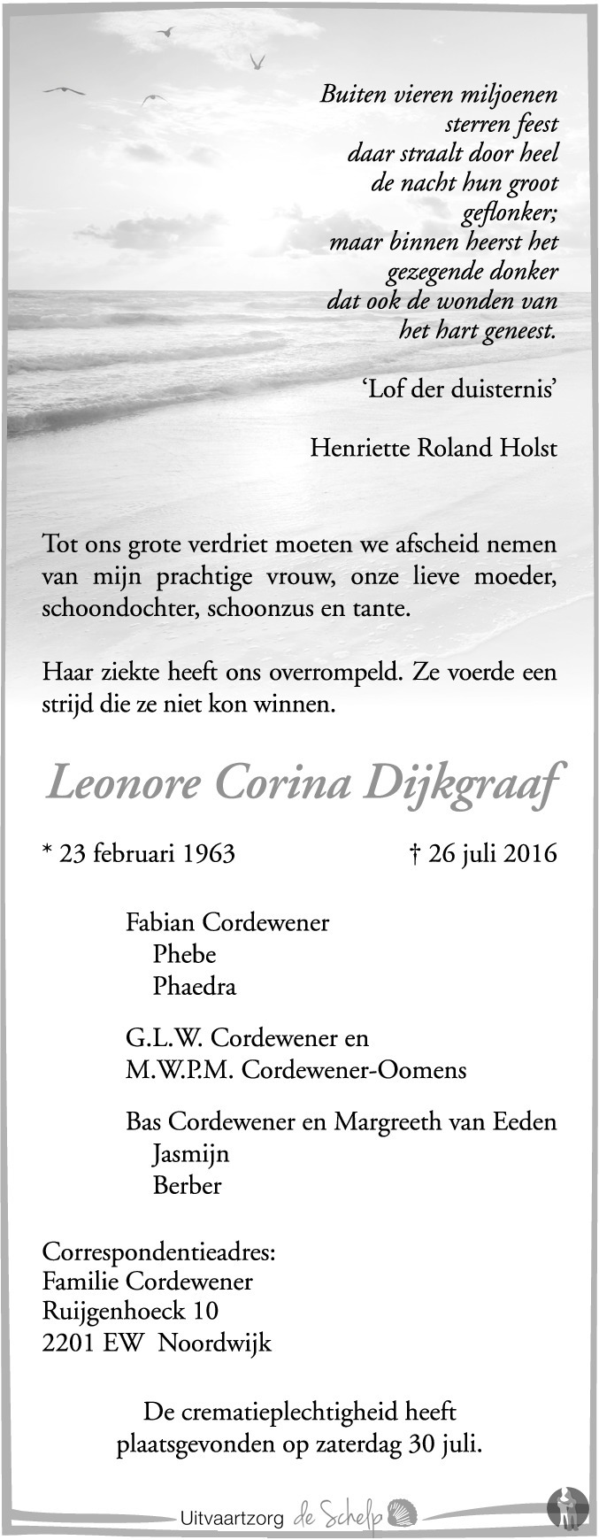 Leonore Corina Dijkgraaf 26072016 overlijdensbericht en condoleances