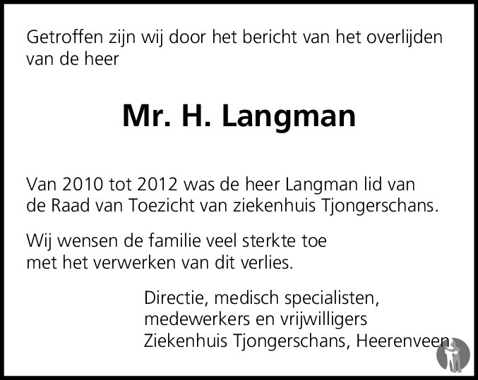 Overlijdensbericht van Hartgert (Harrie) Langman in Leeuwarder Courant