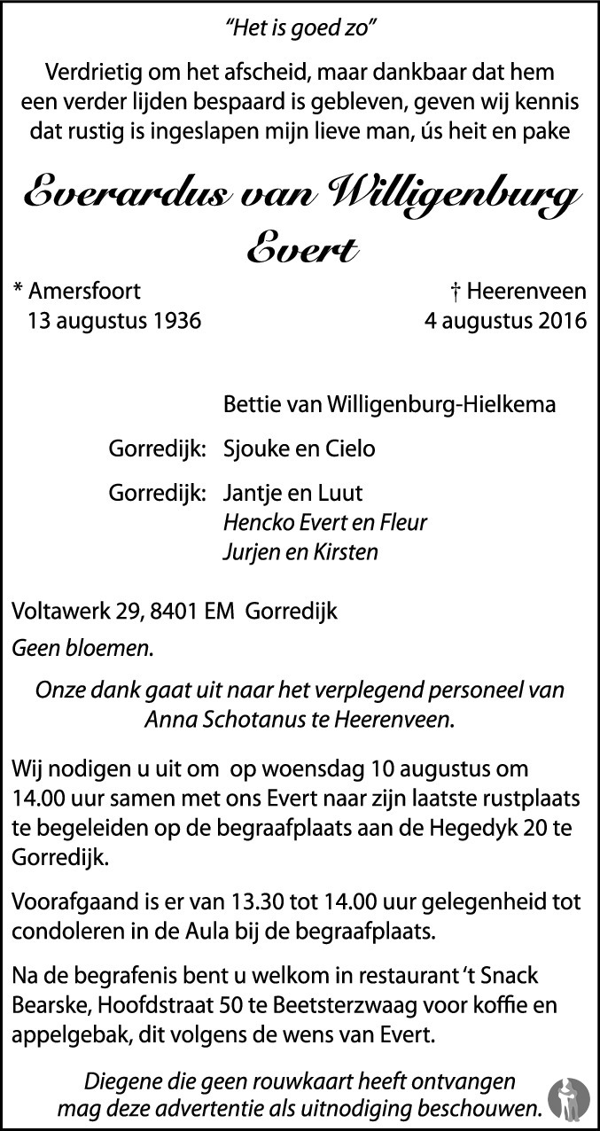 Everardus (Evert) van Willigenburg 04082016 overlijdensbericht en