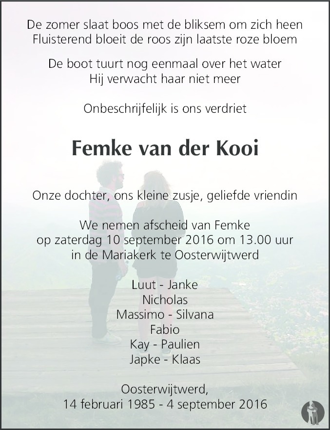regelmatig Door Daar Femke van der Kooi ✝ 04-09-2016 overlijdensbericht en condoleances -  Mensenlinq.nl